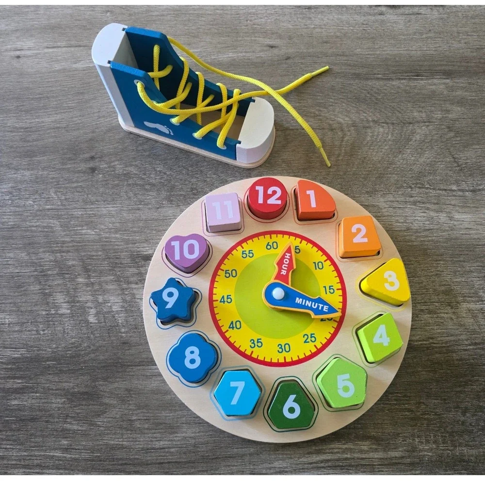 Wooden Shoe Tying Educational Lacing Wooden Toy clock with shape sorting Toddler
